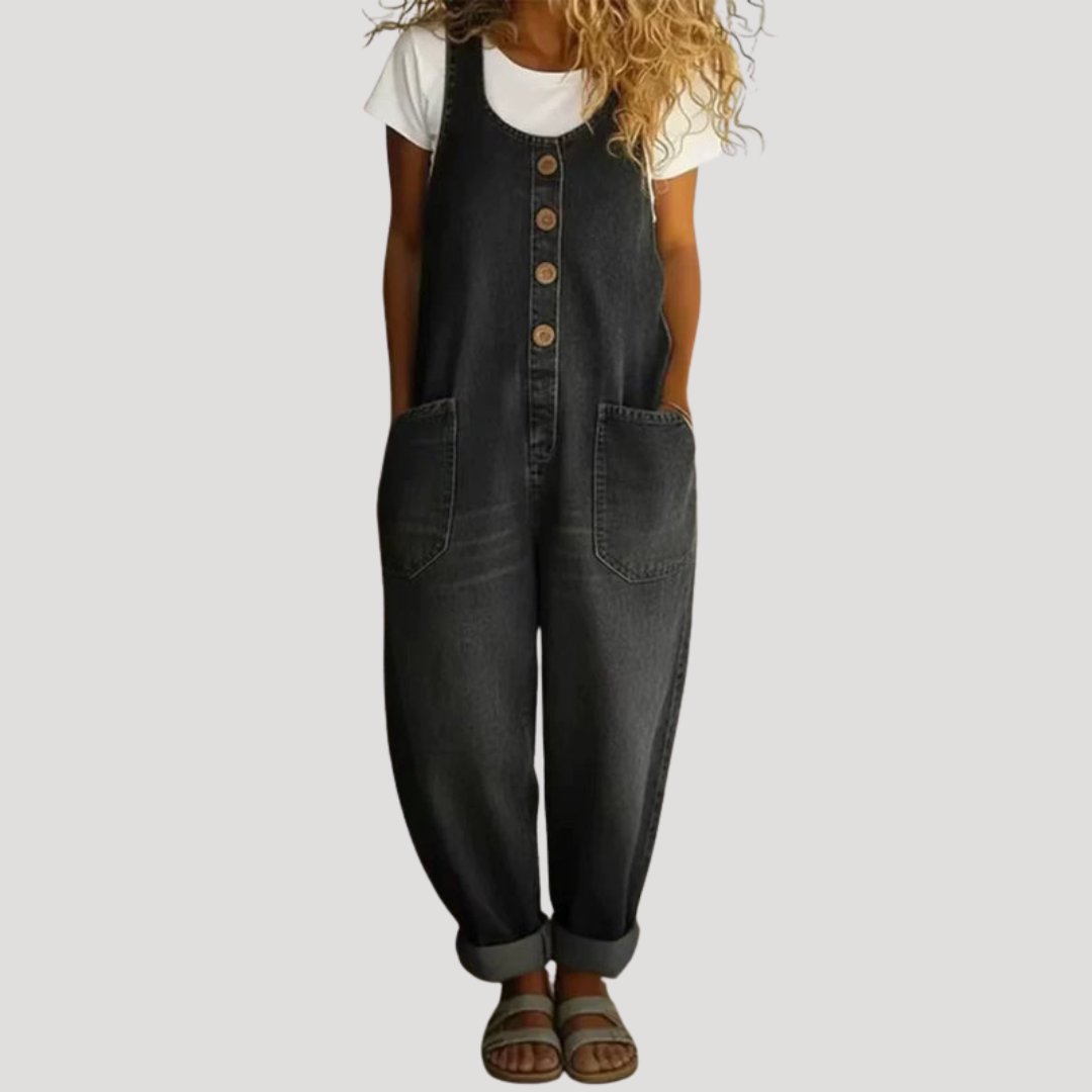 Solvita | Damen Weite Jeans Latzhose Ärmellos