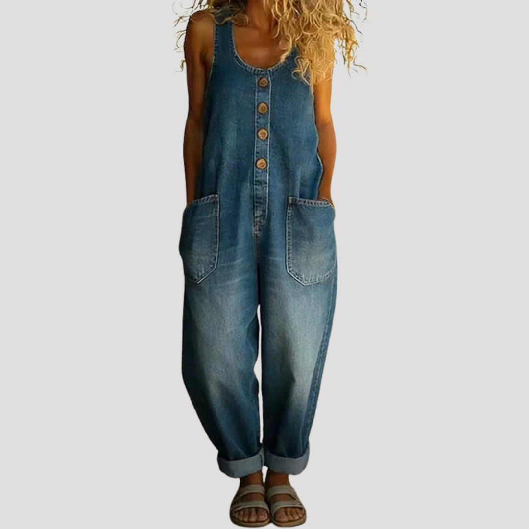 Solvita | Damen Weite Jeans Latzhose Ärmellos