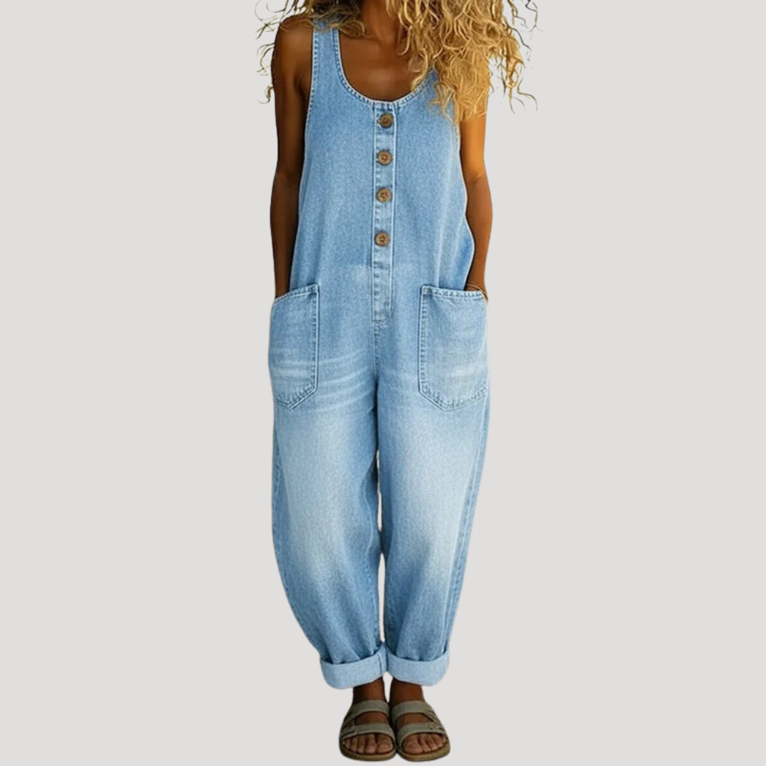 Solvita | Damen Weite Jeans Latzhose Ärmellos