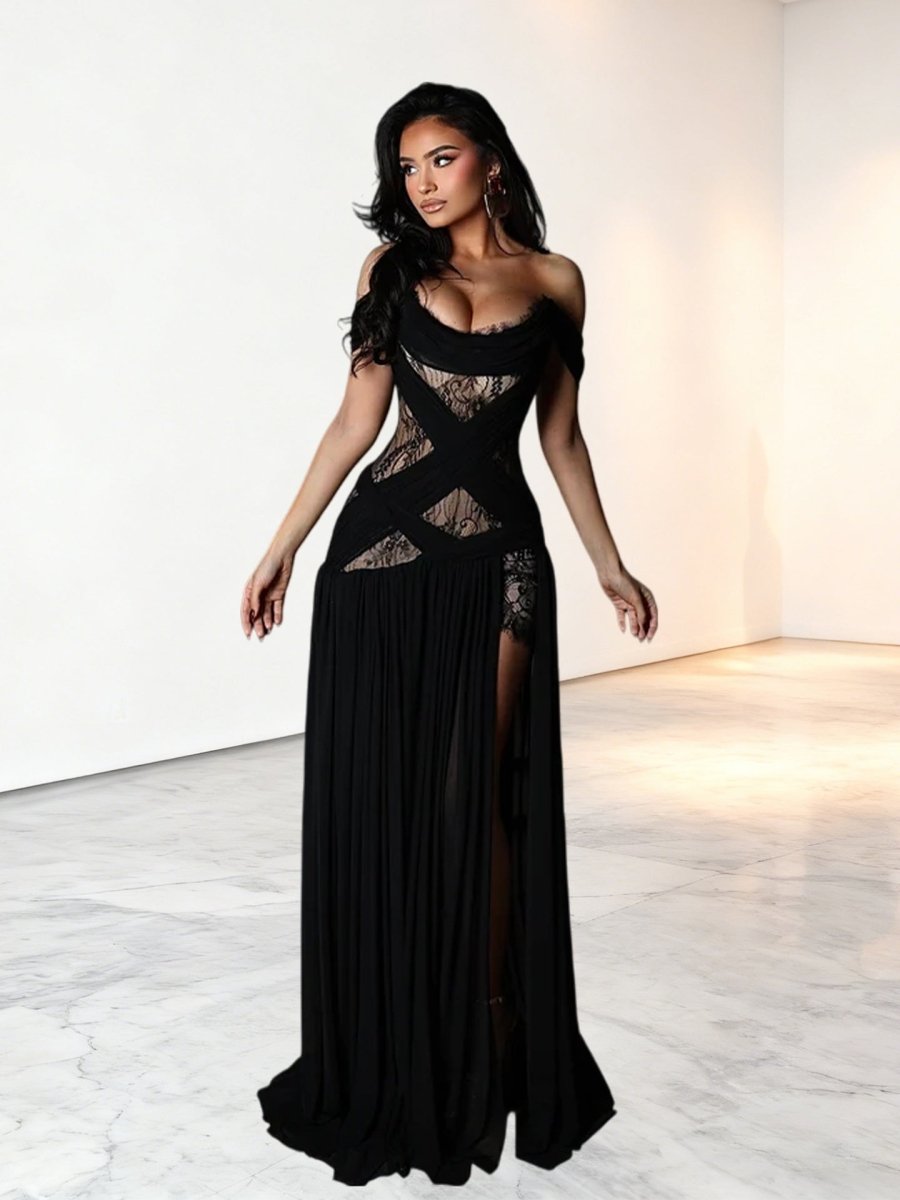 Sommermaxikleider Schwarz Off-Shoulder mit Schlitz