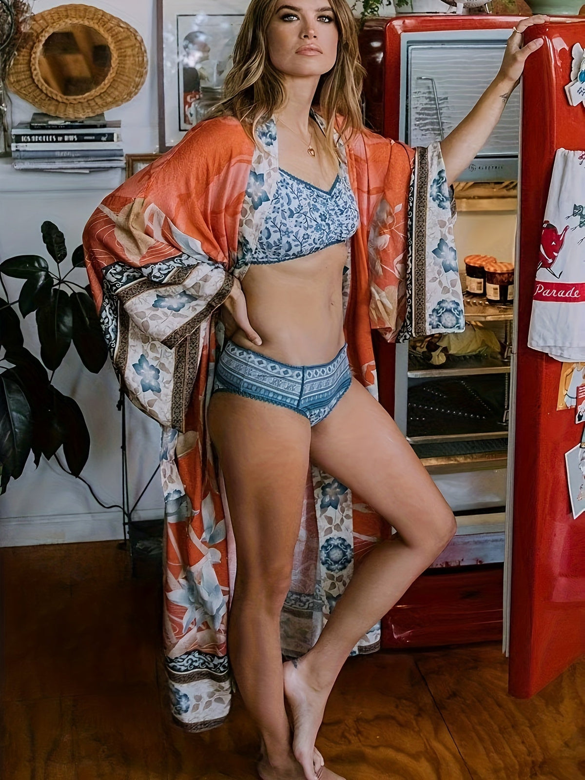 Soraya | Damen Boho Kimono Blumenprint Maxi-Länge
