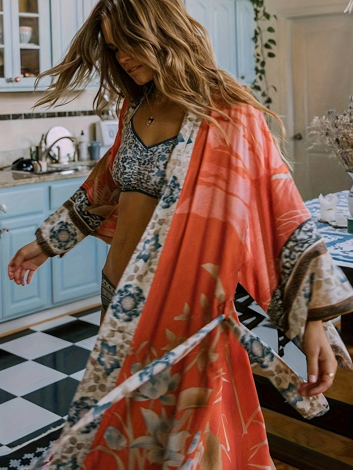 Soraya | Damen Boho Kimono Blumenprint Maxi-Länge