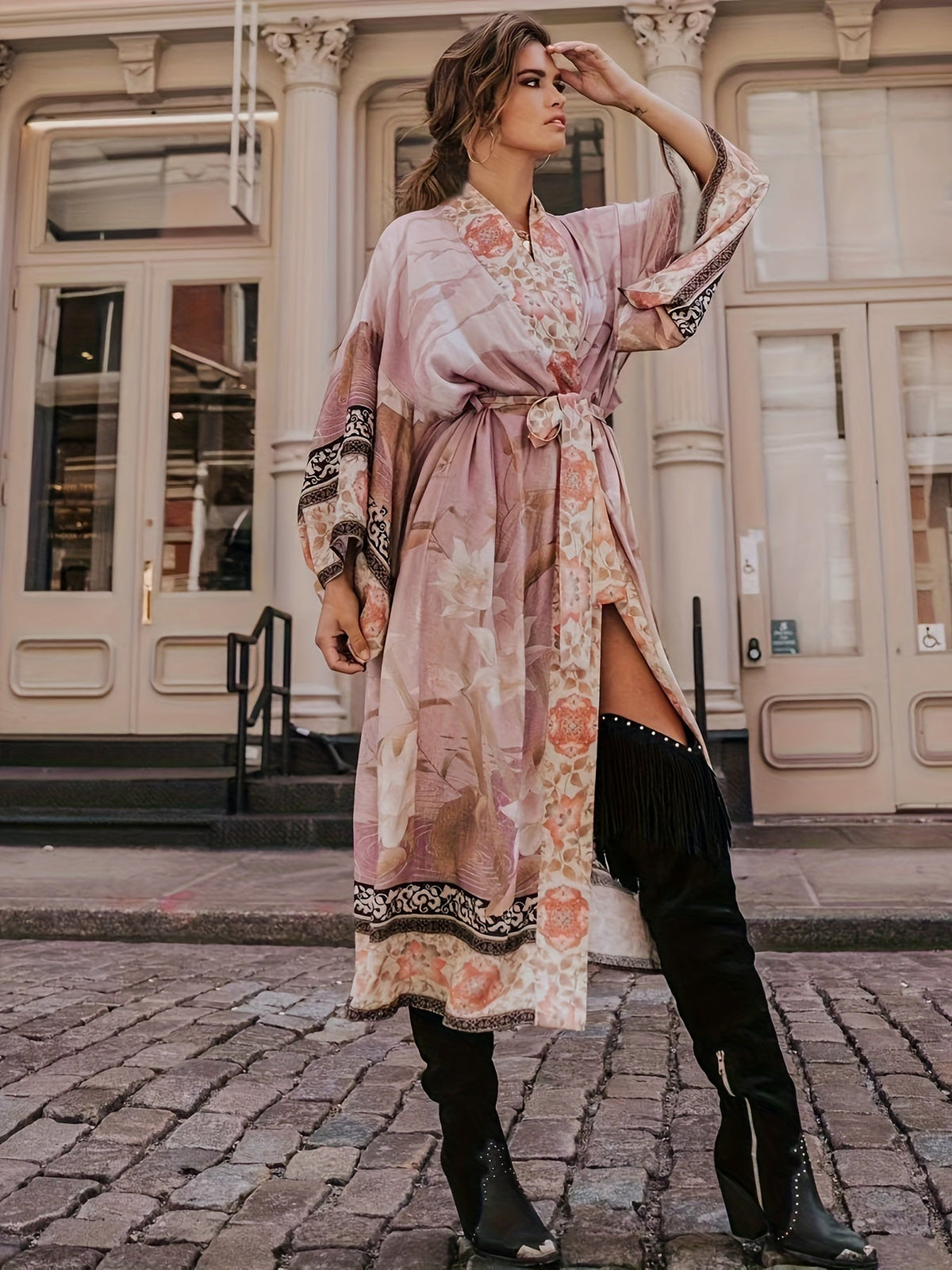 Soraya | Damen Boho Kimono Blumenprint Maxi-Länge