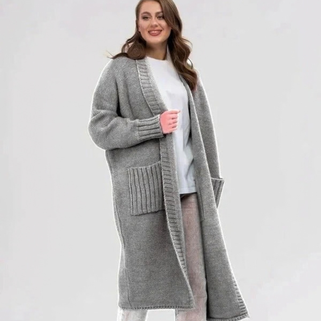 Soraya | Damen Lange Strickjacke für Große Größen mit Taschen und weichem Strick