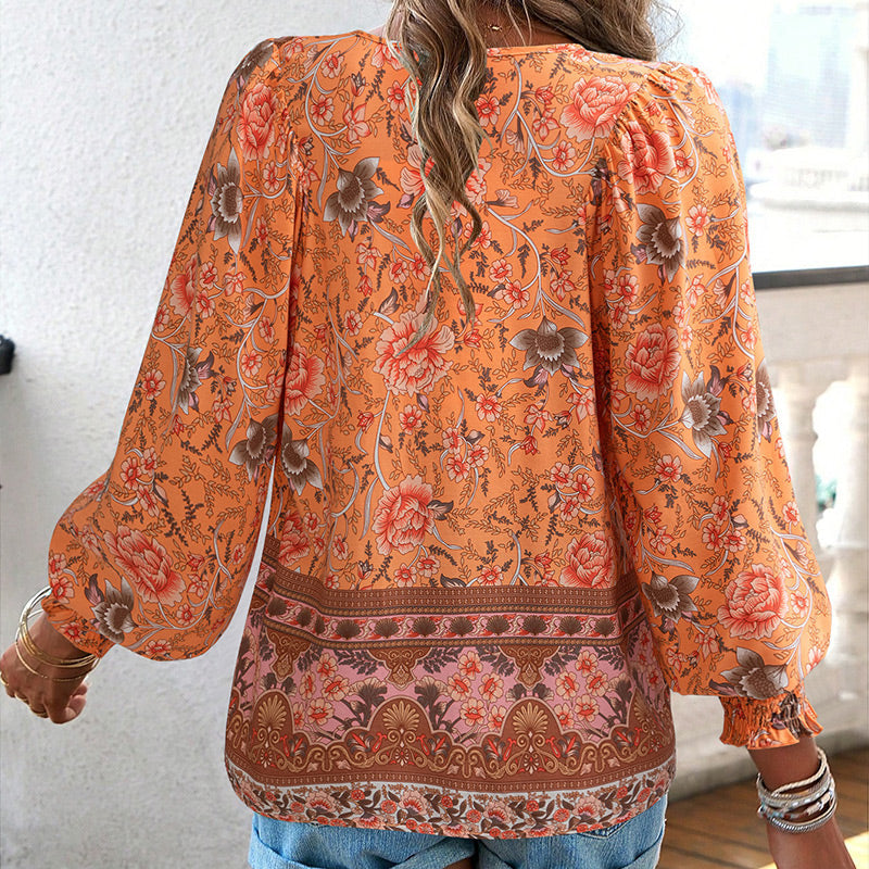Katia - Modisches Bedrucktes Langarm Shirt Mit V-Ausschnitt