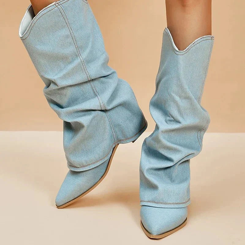 Stiefel Damen Mit Gerafftem Schaft und Blockabsatz