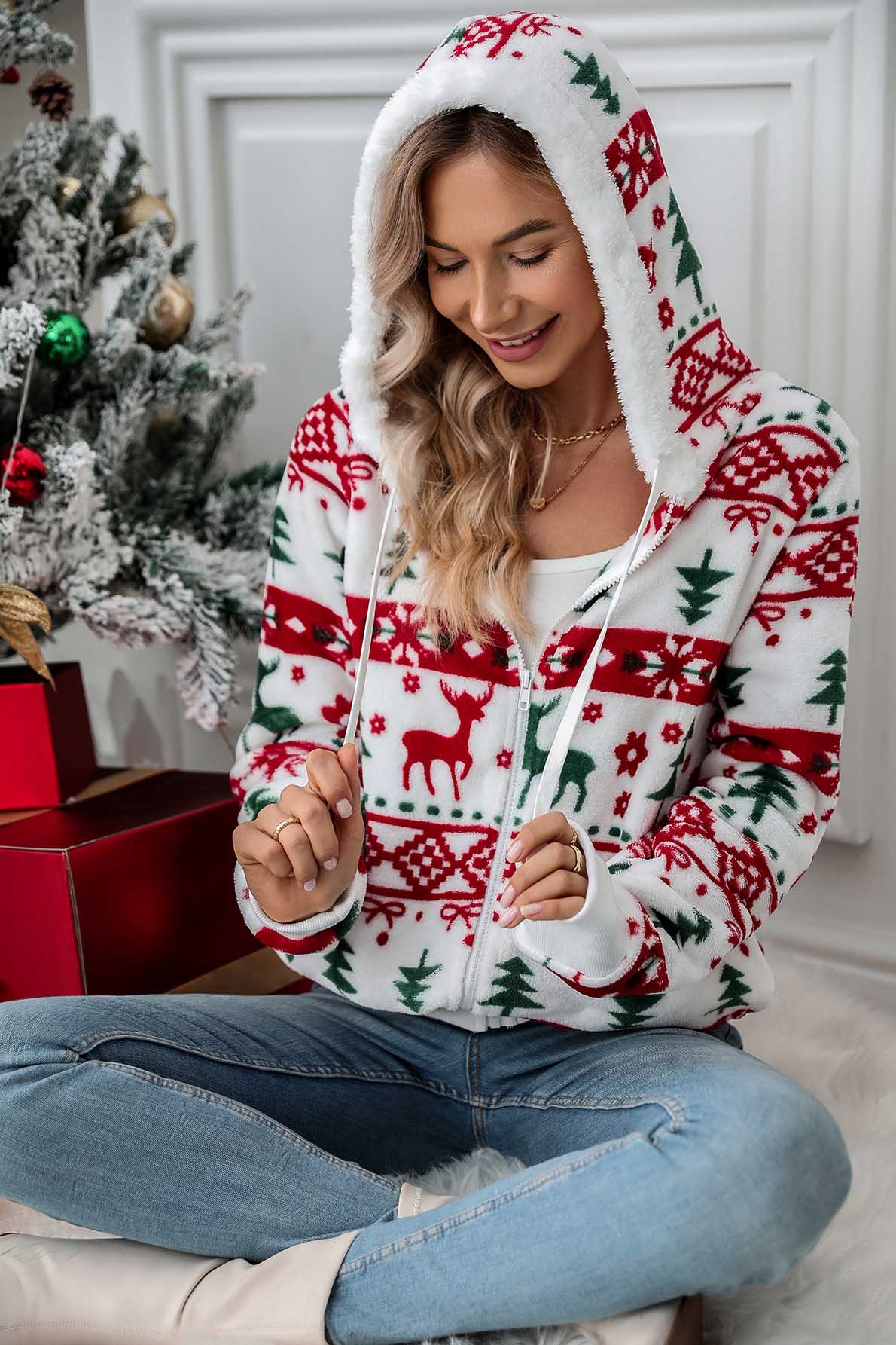 Damen-Kapuzenpullover mit Reißverschluss und Weihnachtsmotiv – Nolwenn