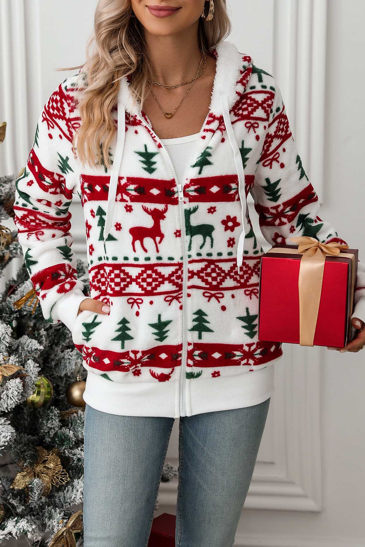 Damen-Kapuzenpullover mit Reißverschluss und Weihnachtsmotiv – Nolwenn