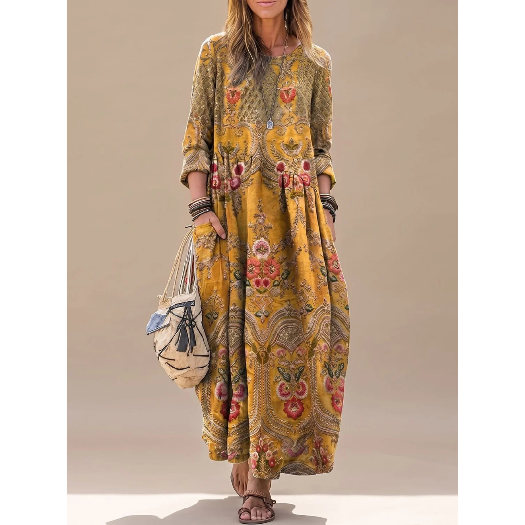 Svenja | Damen Boho Maxikleid mit Langarm, Vintage Blumenmuster