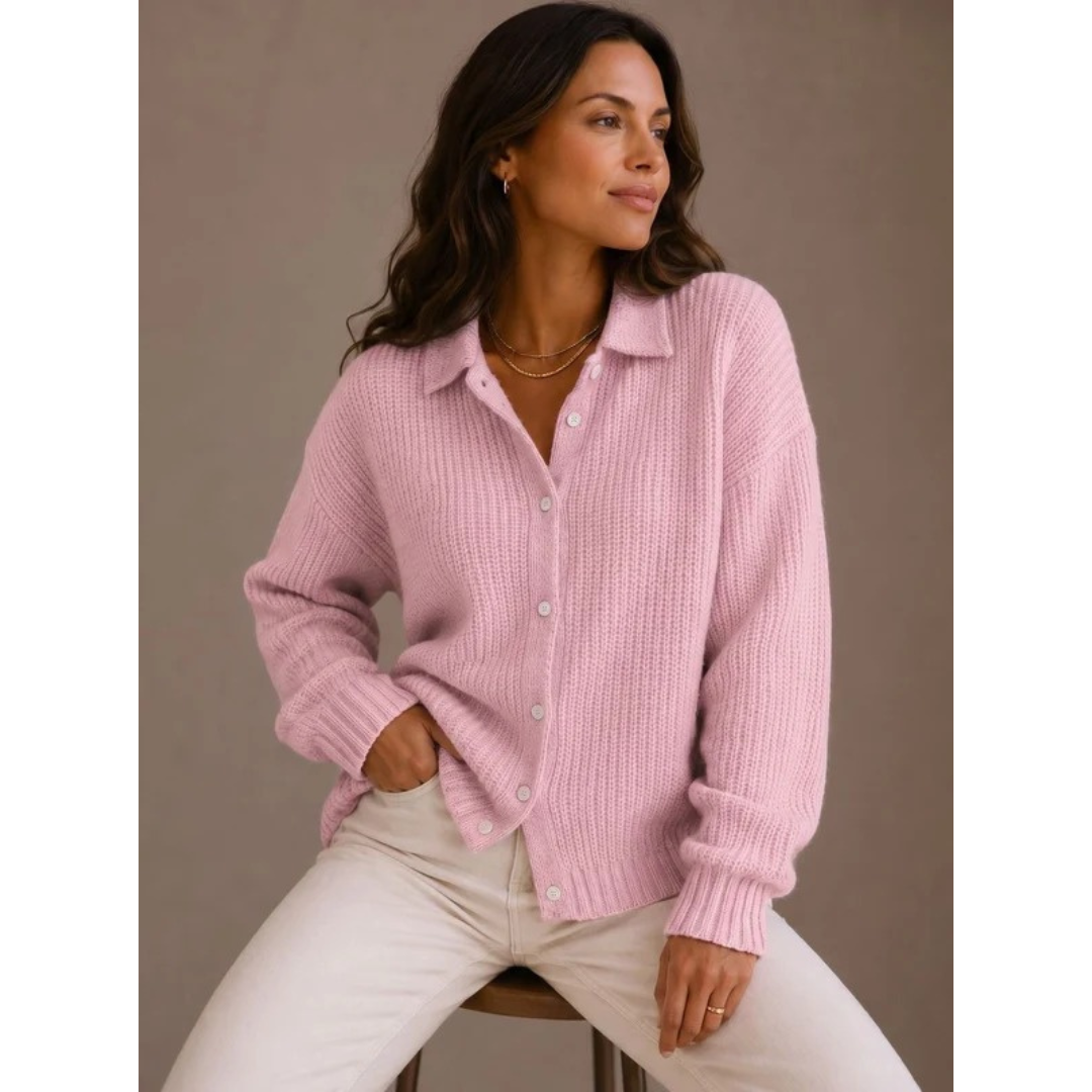 Sybille | Damen Strickjacke Oversized mit Kragen, Knöpfen und Weitem Schnitt