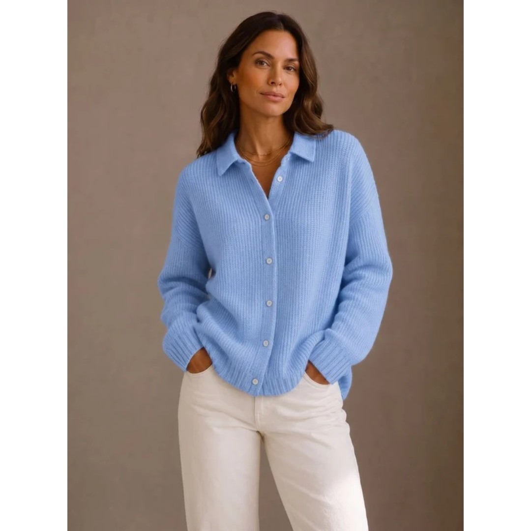 Sybille | Damen Strickjacke Oversized mit Kragen, Knöpfen und Weitem Schnitt