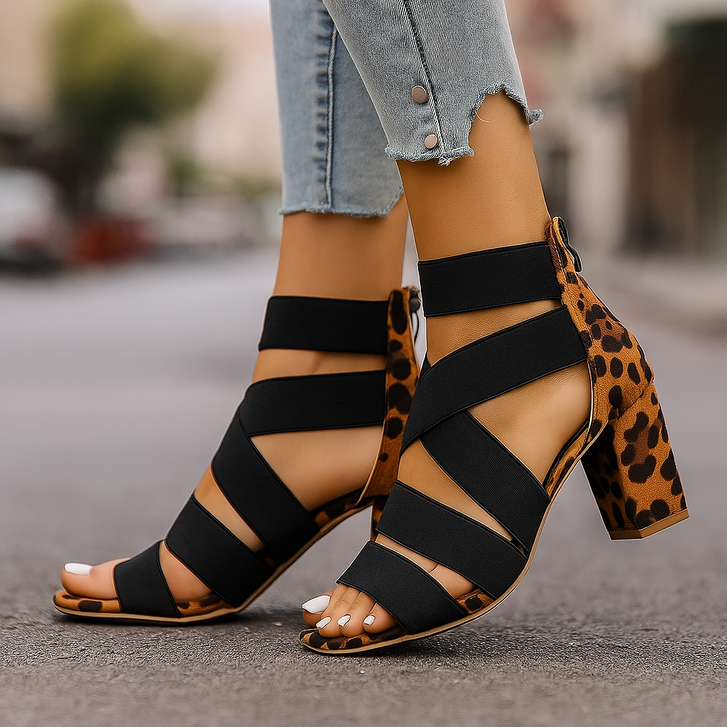 Tabitha | Damen Riemchensandalen mit Blockabsatz Leopardenmuster