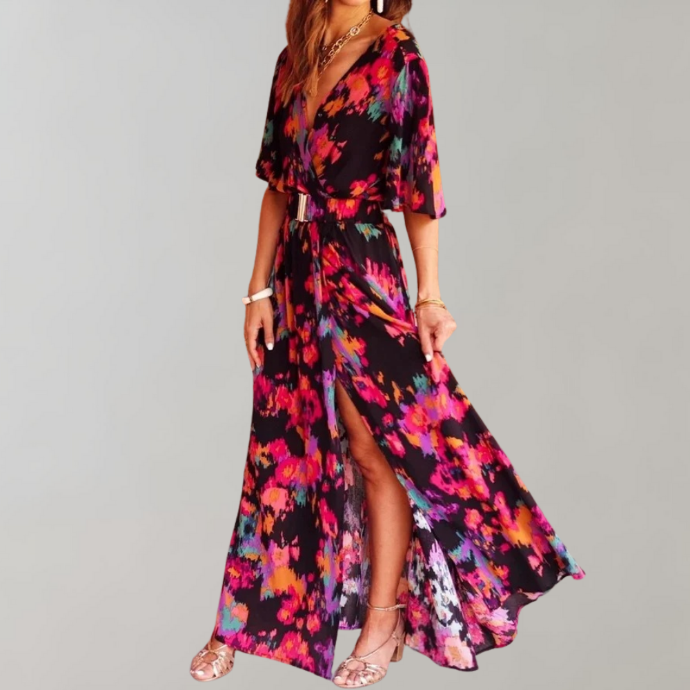 Theodoline | Damen Wickelkleid mit V-Ausschnitt Langarm