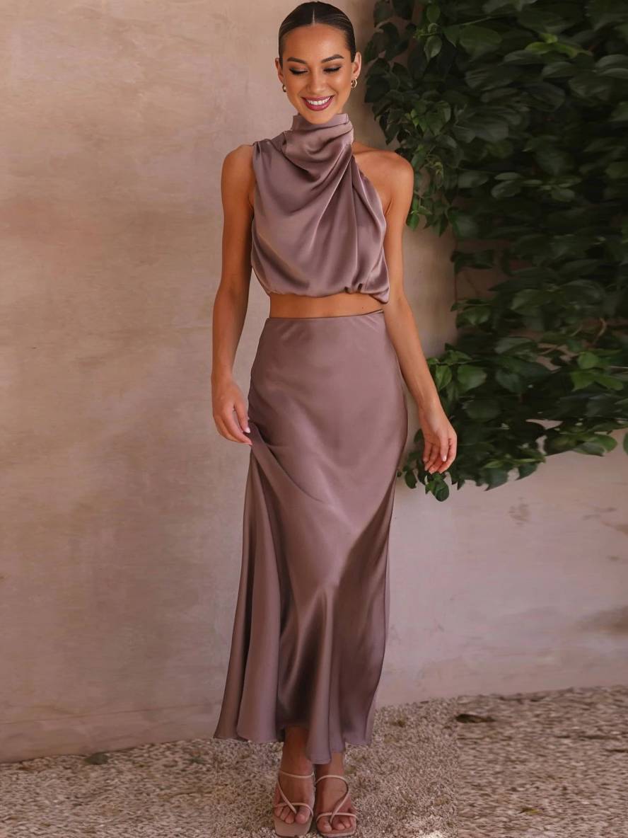 Tindra | Damen Neckholder Zweiteiler Crop Top Maxirock