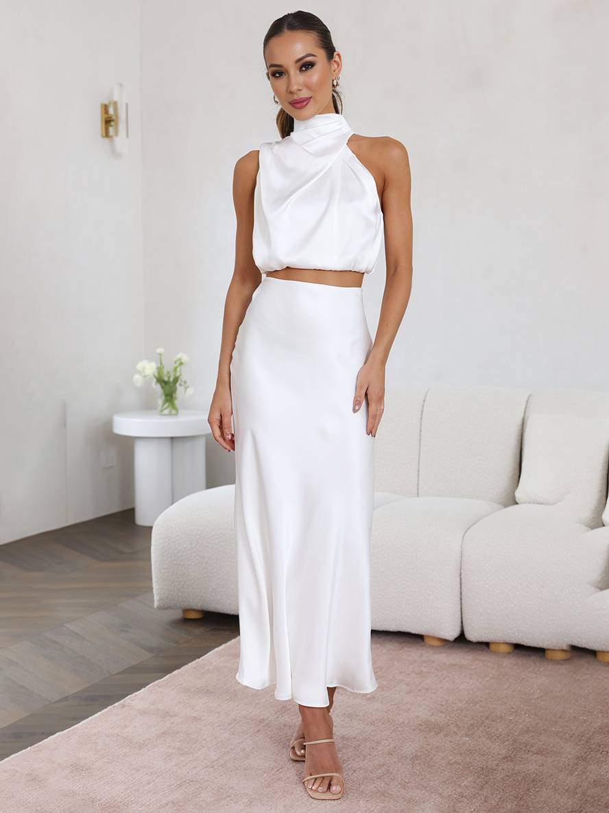 Tindra | Damen Neckholder Zweiteiler Crop Top Maxirock