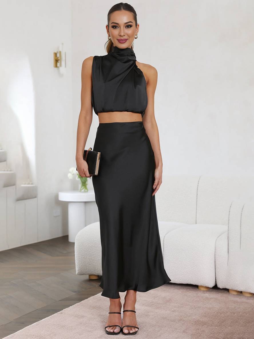 Tindra | Damen Neckholder Zweiteiler Crop Top Maxirock