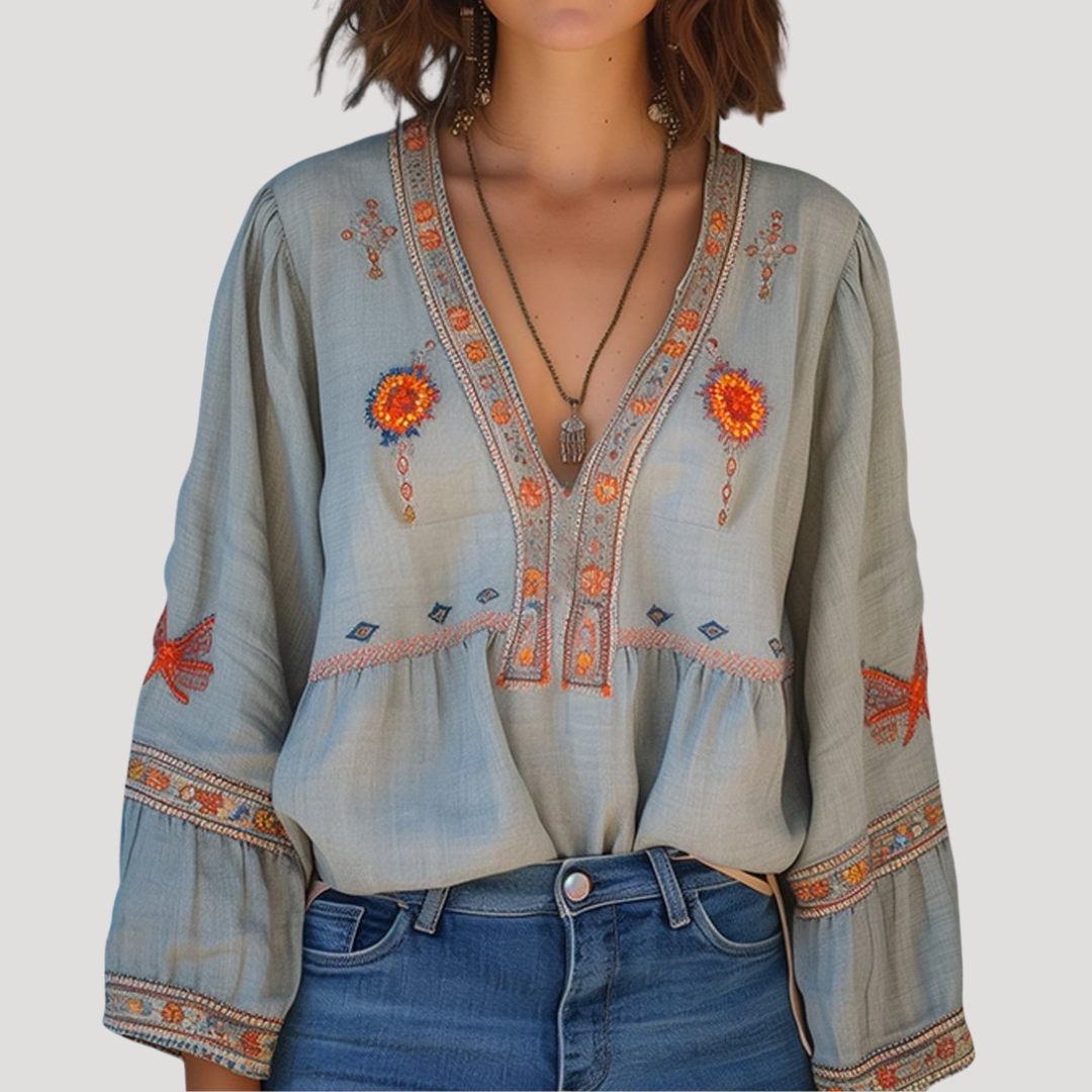 Tiziana | Damen Boho Bluse Bestickt V-Ausschnitt Langarm