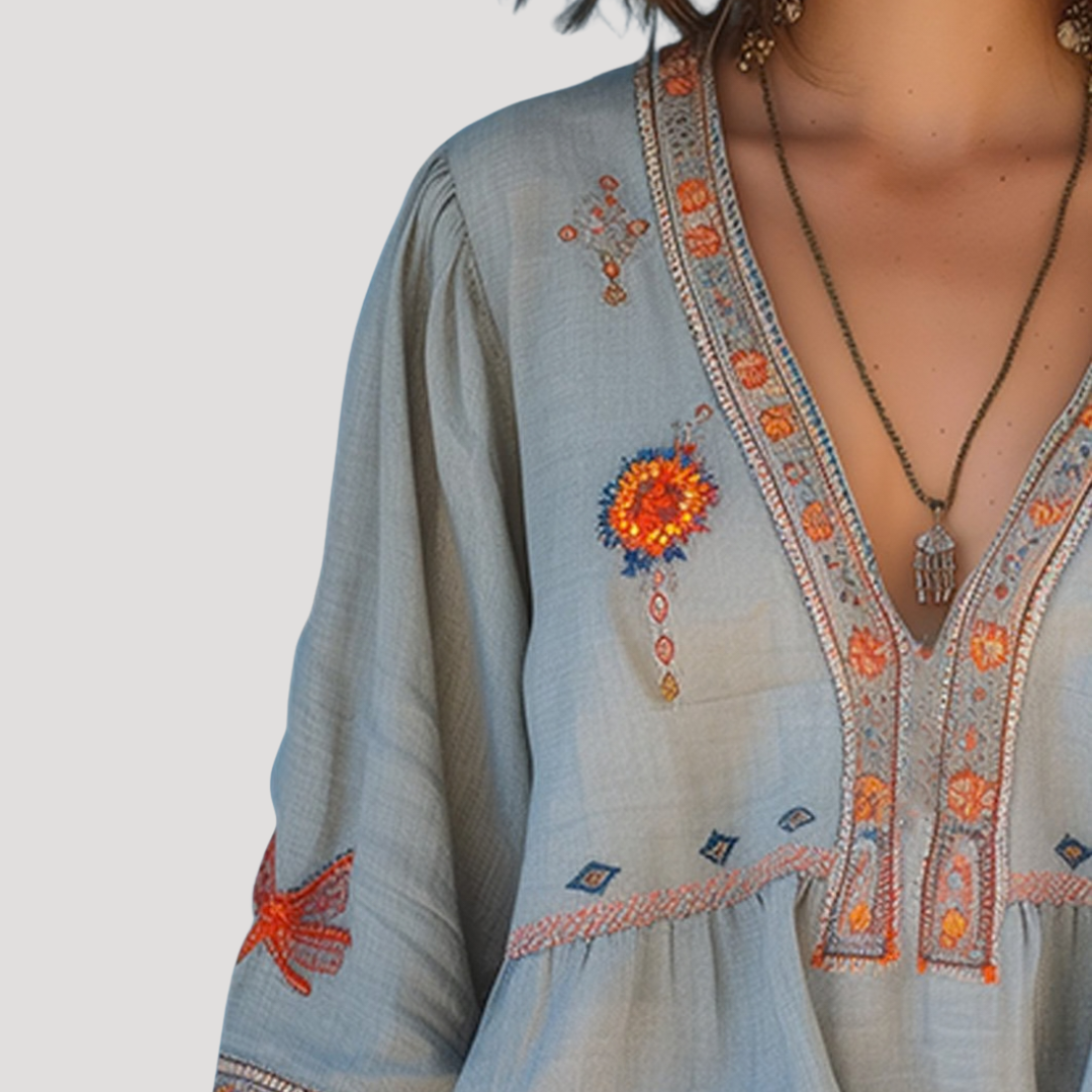 Tiziana | Damen Boho Bluse Bestickt V-Ausschnitt Langarm