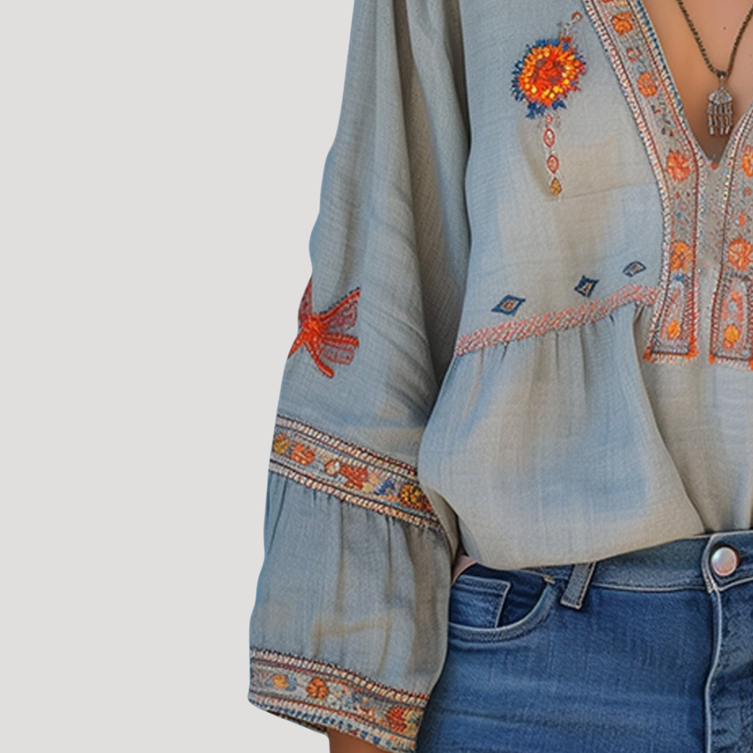 Tiziana | Damen Boho Bluse Bestickt V-Ausschnitt Langarm