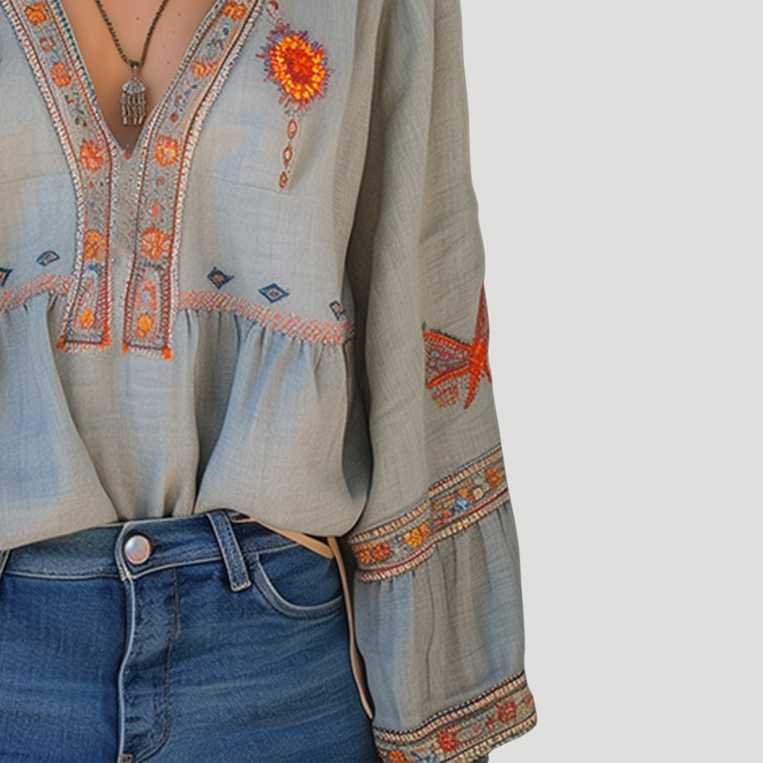 Tiziana | Damen Boho Bluse Bestickt V-Ausschnitt Langarm