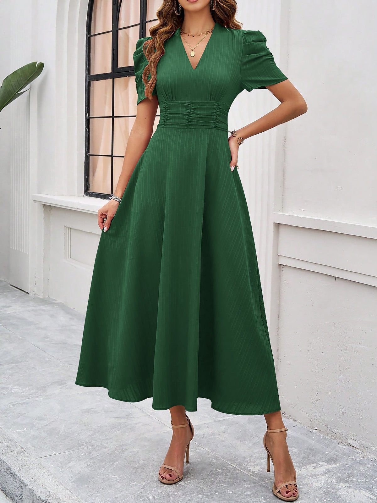 Strukturierte Puff Kurzarm Raffungen Midikleid A Linie Tailliert Casual Chic