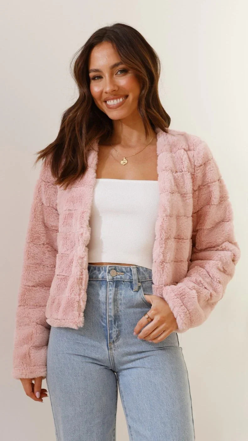 Vera | Damen Kurze Kunstfell Übergangsjacke Offener Kragen – Kunstfell Jacke 2026