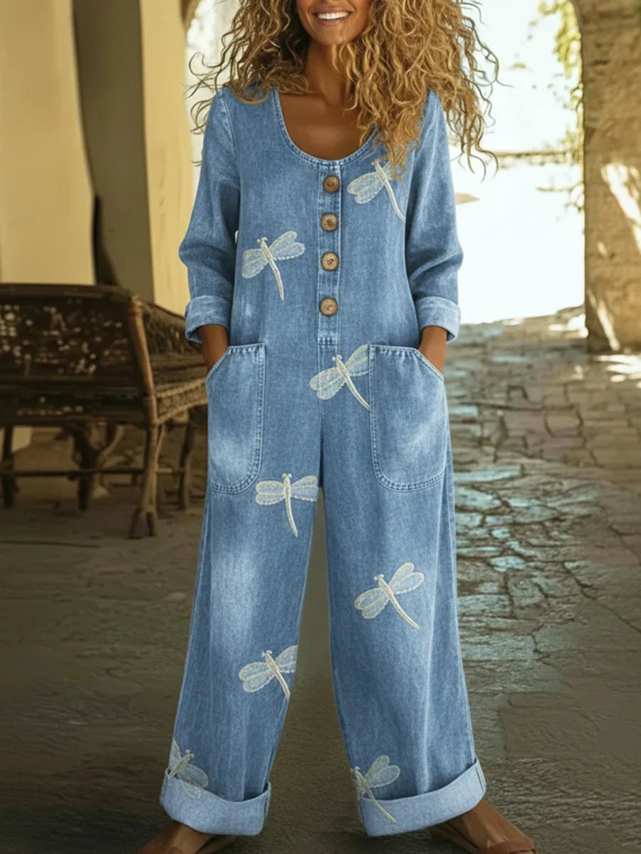 Denim Jumpsuit Damen Casual Libellenmuster