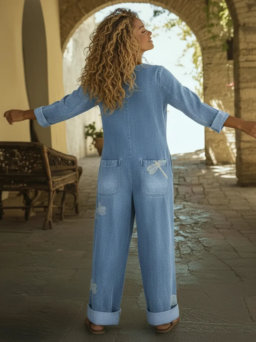 Denim Jumpsuit Damen Casual Libellenmuster