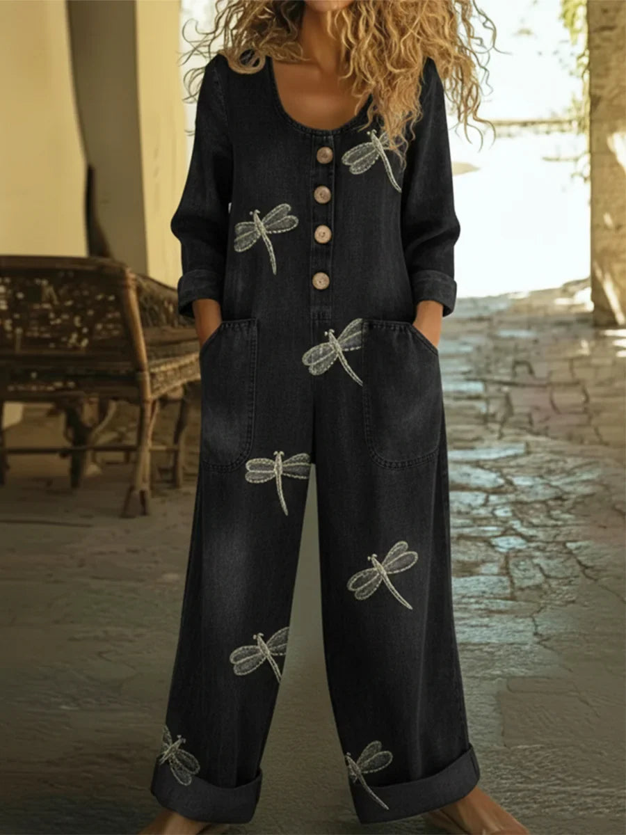 Denim Jumpsuit Damen Casual Libellenmuster