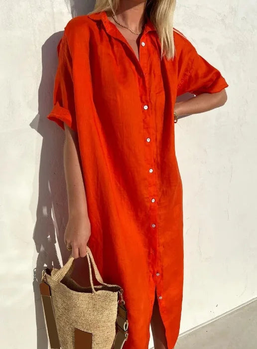 Wanda | Damen Kurzarm Hemdblusenkleid Midi