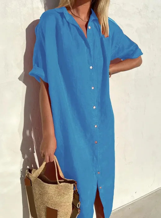 Wanda | Damen Kurzarm Hemdblusenkleid Midi