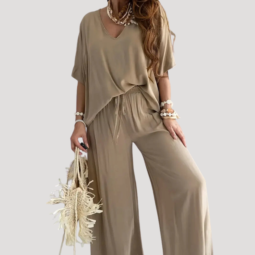 Zivana | Damen Zweiteiler V-Ausschnitt Weite Hose Set
