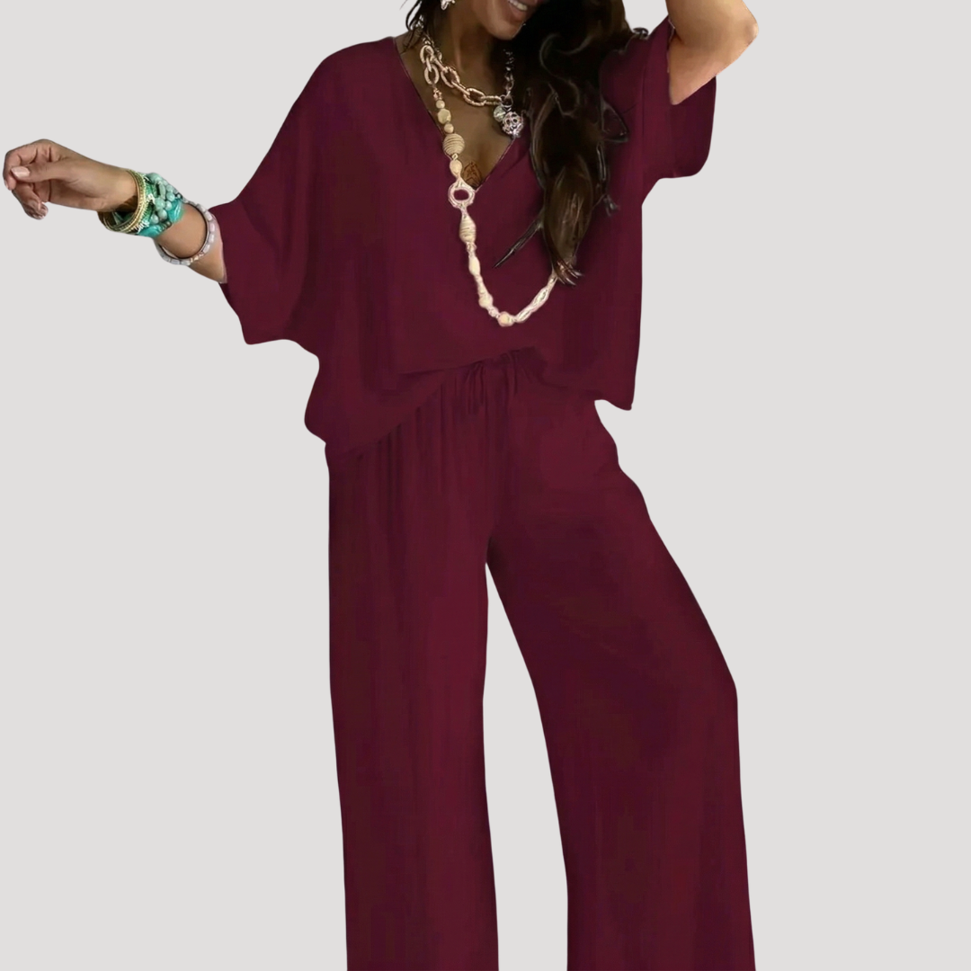 Zivana | Damen Zweiteiler V-Ausschnitt Weite Hose Set